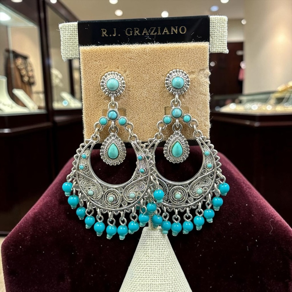 R.J. Graziano Turquoise Chandelier Earrings Silver Tone Boho Western Statement
